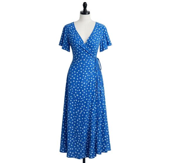 Lulu's Dresses & Skirts - Lulu's Maretta Blue Floral Wrap Midi Dress - Size Small